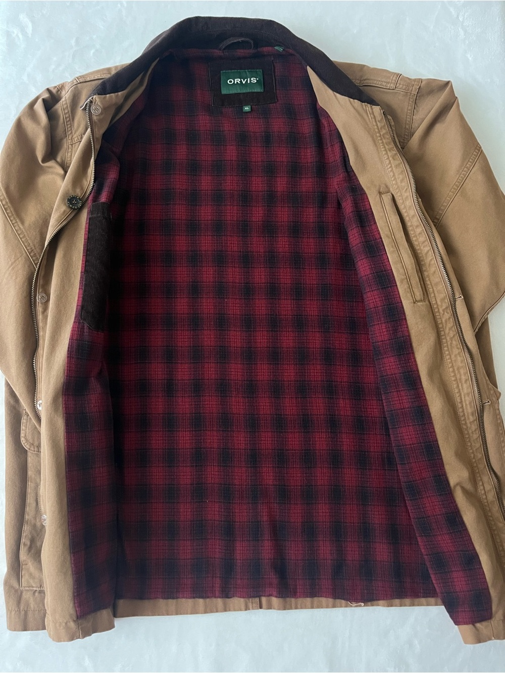 Orvis Heritage Canvas Barn Coat with Dark Brown Corduroy Collar & Plaid Lining - Picture 5 of 16